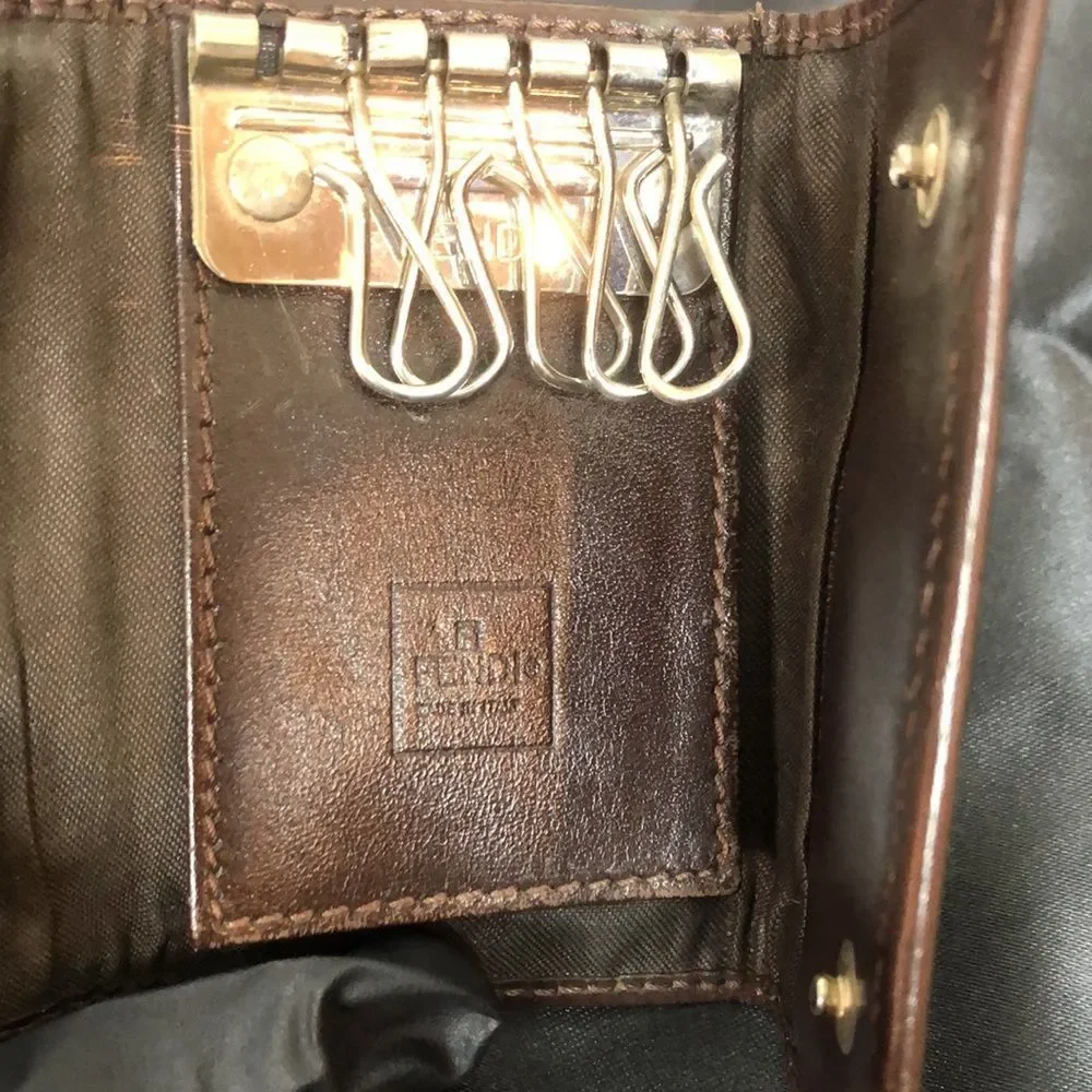 FENDI Zucca Tan Navy Canvas and Brown Leather Trim Snap Close Trifold Key Case